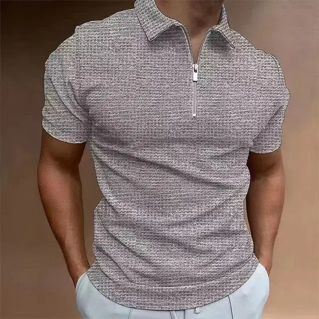 Men's Summer Waffle Knit Zipper Polo Shirt