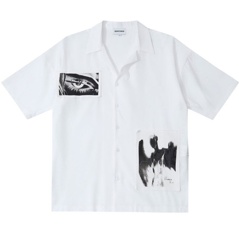 Embroidery Retro Patch Short Sleeve Button Beach Shirts