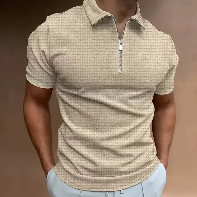 Men's Summer Waffle Knit Zipper Polo Shirt