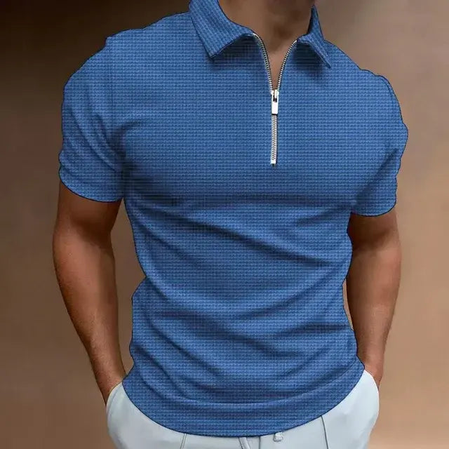 Men's Summer Waffle Knit Zipper Polo Shirt