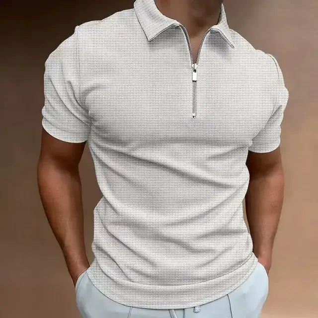Men's Summer Waffle Knit Zipper Polo Shirt