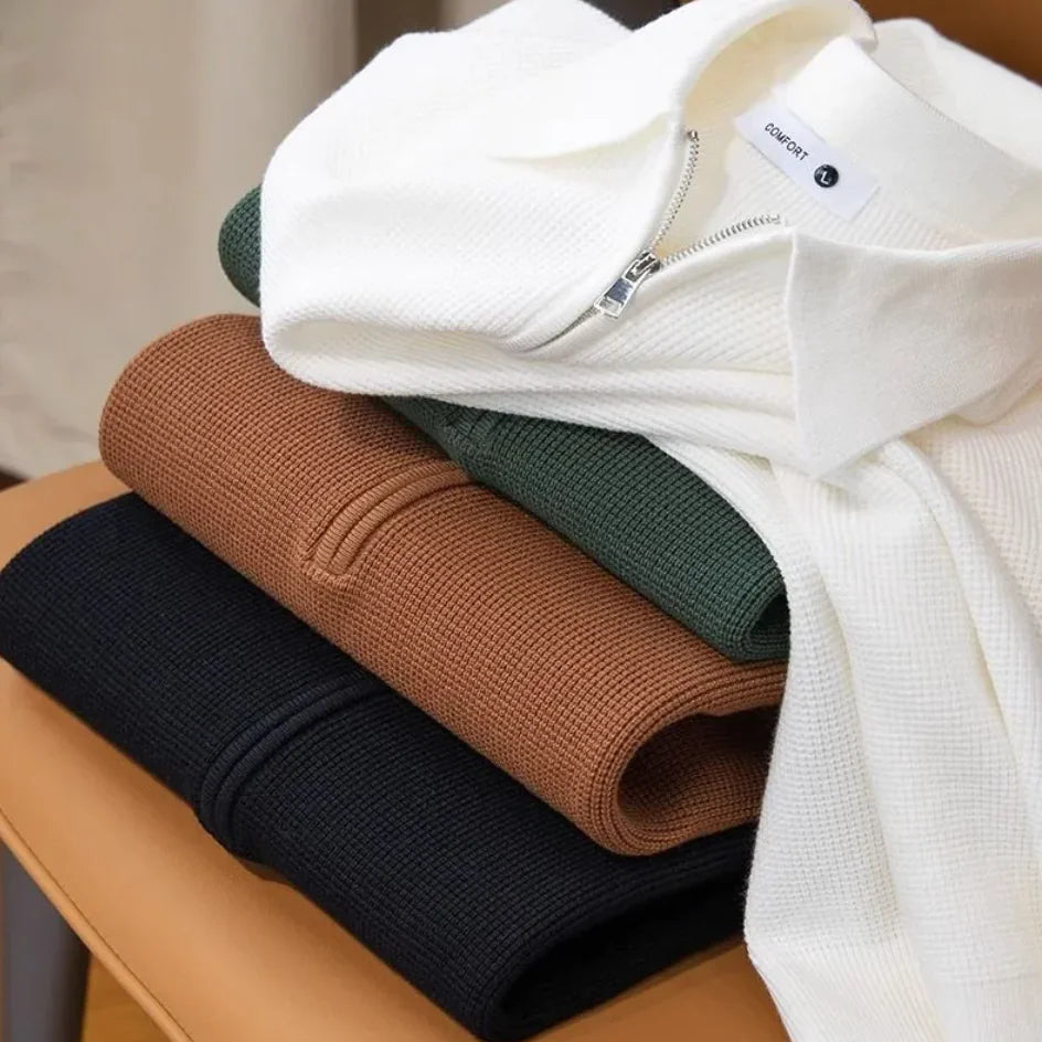 Men's Knitted Waffle Half-Zip Lapel Sweater