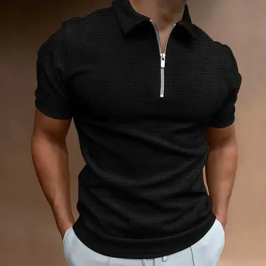 Men's Summer Waffle Knit Zipper Polo Shirt